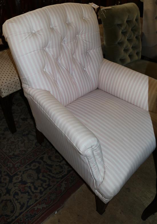 Edwardian mahogany bergere upholstered in striped fabric